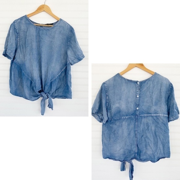 Blue chambray front knot tie back button top Size Large - Picture 1 of 10